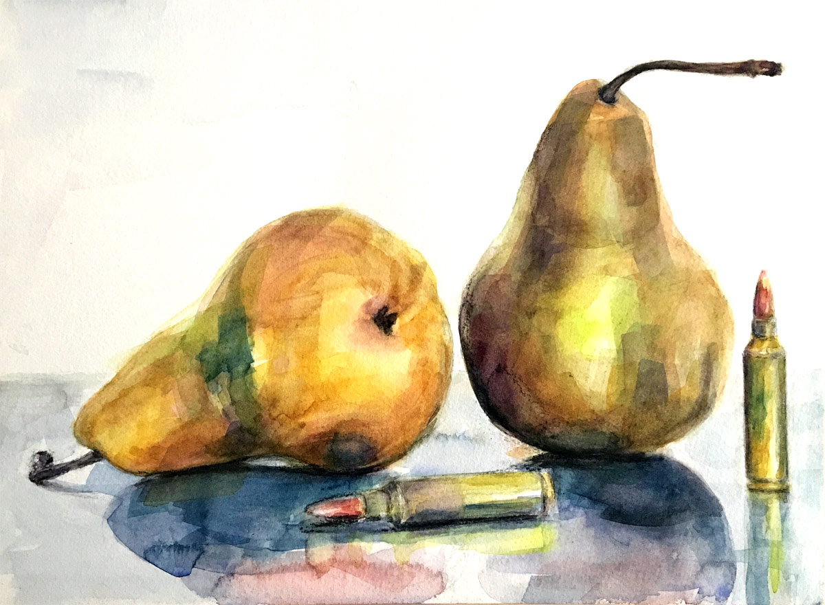 2 Pears 2 Bullets, watercolor
